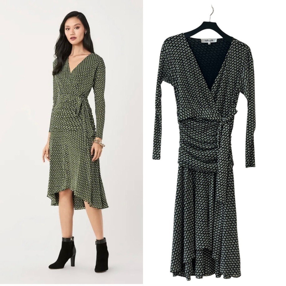 Diane Von Furstenberg Rilynn Mesh Faux-wrap Dress In Vintage Boxes‎ Pesto